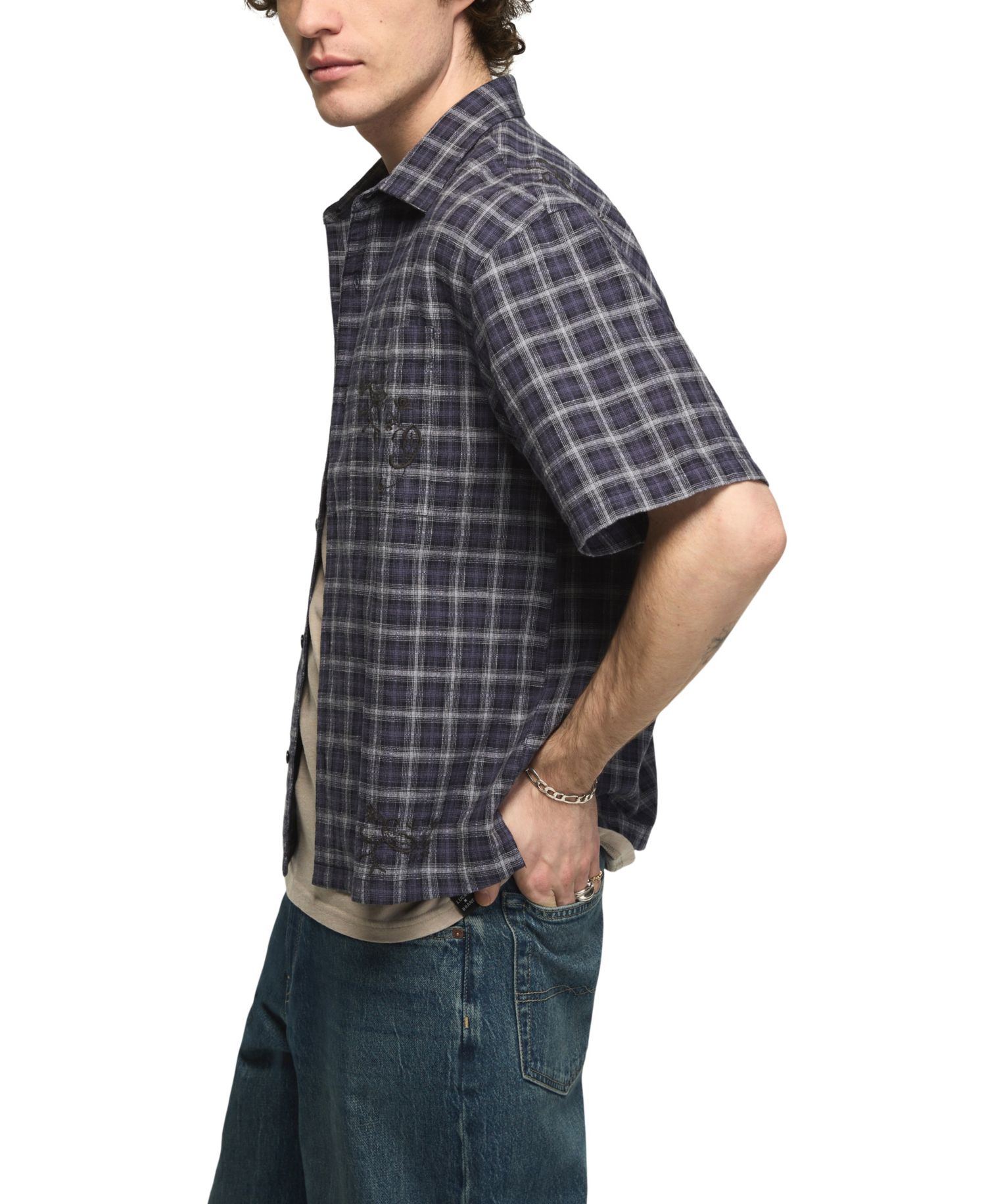 Men's Embroidered Plaid Spread Collar Shirt
