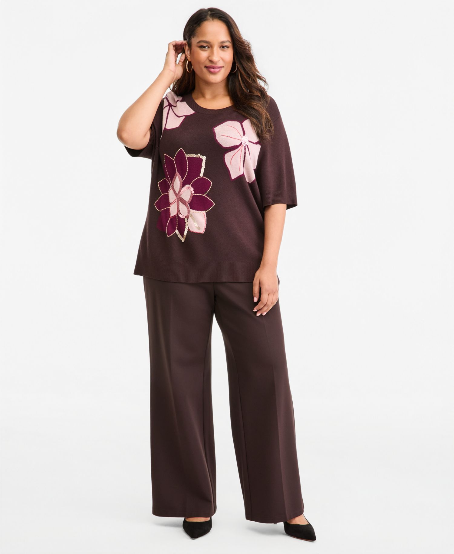 Plus Size Short-Sleeve Flower Sweater Floral Sequin Sweater