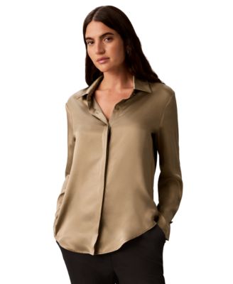 Women's Pleated Long-Sleeve Collared Shirt