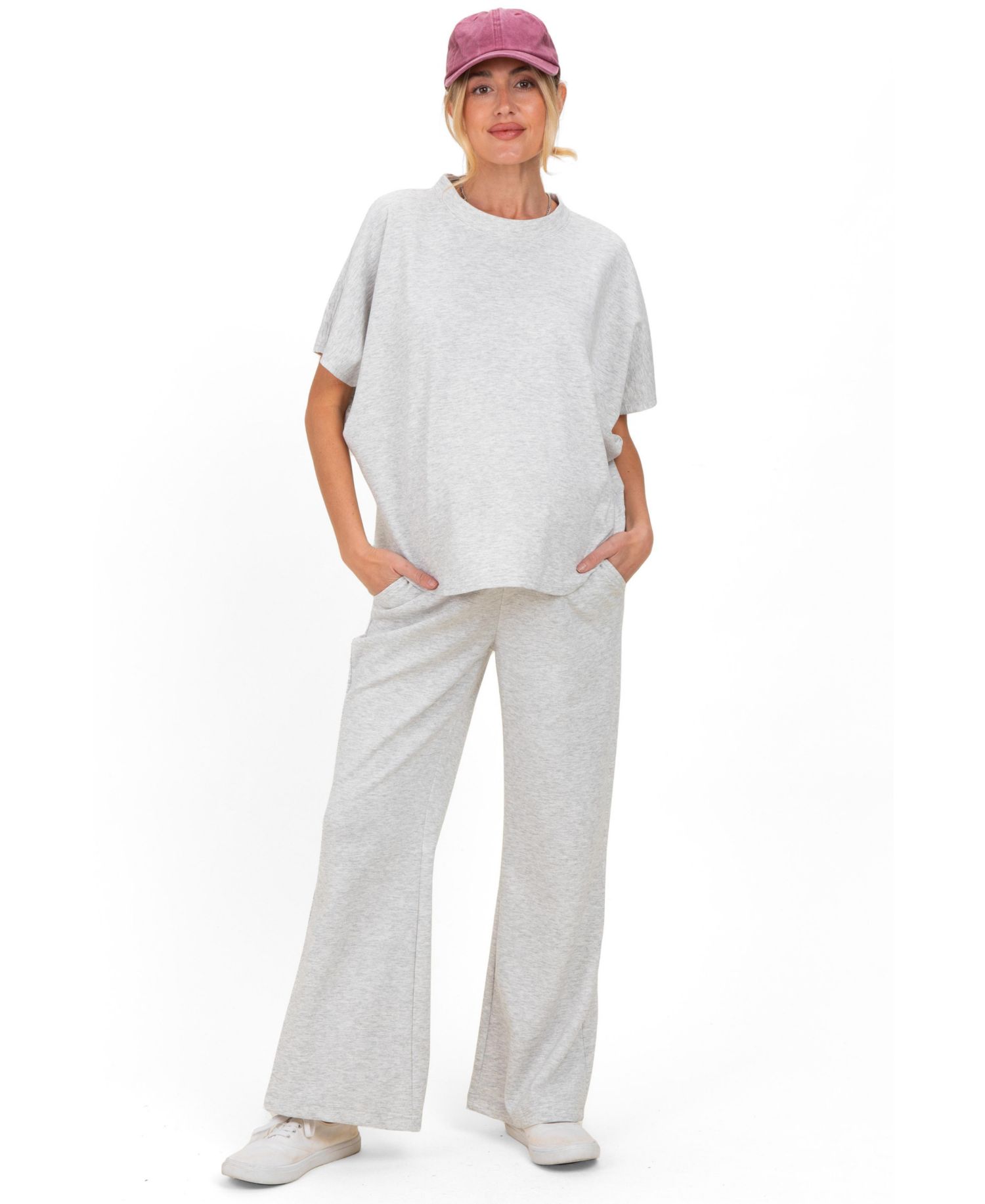 Women's Heather Grey Curved Hem Tee Pants Lounge Set