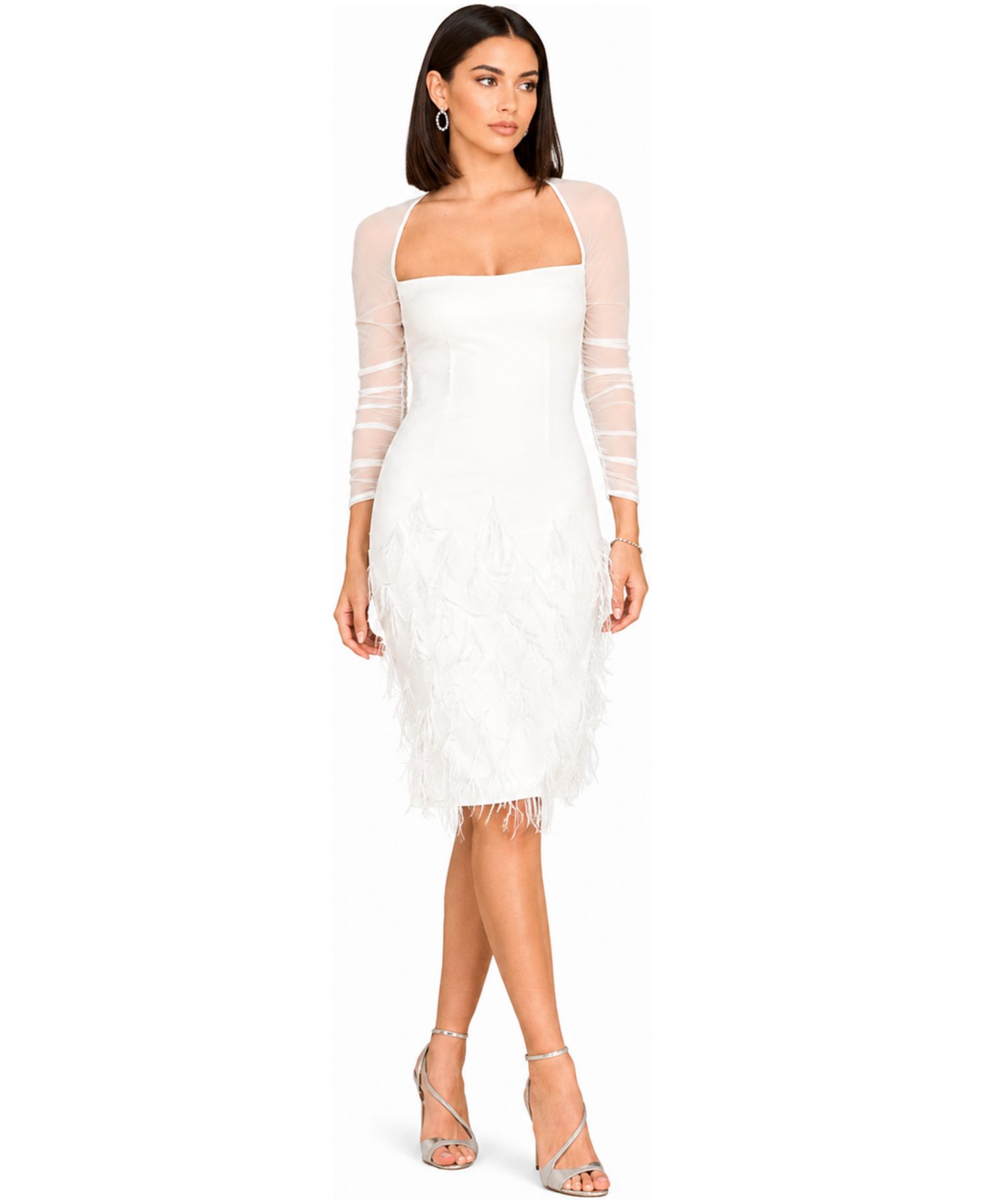 Women's Long Sleeve Bridal Midi Gown with Feathers