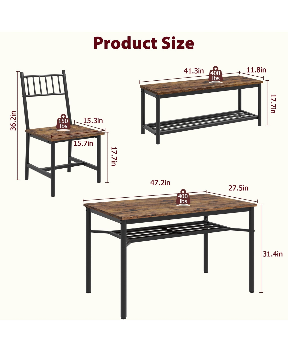 homfan 4-Piece Dining Set Space-Saving Rectangular Table with Chairs, Storage Bench & Wine Rack – Sturdy Metal Frame for Small Spaces