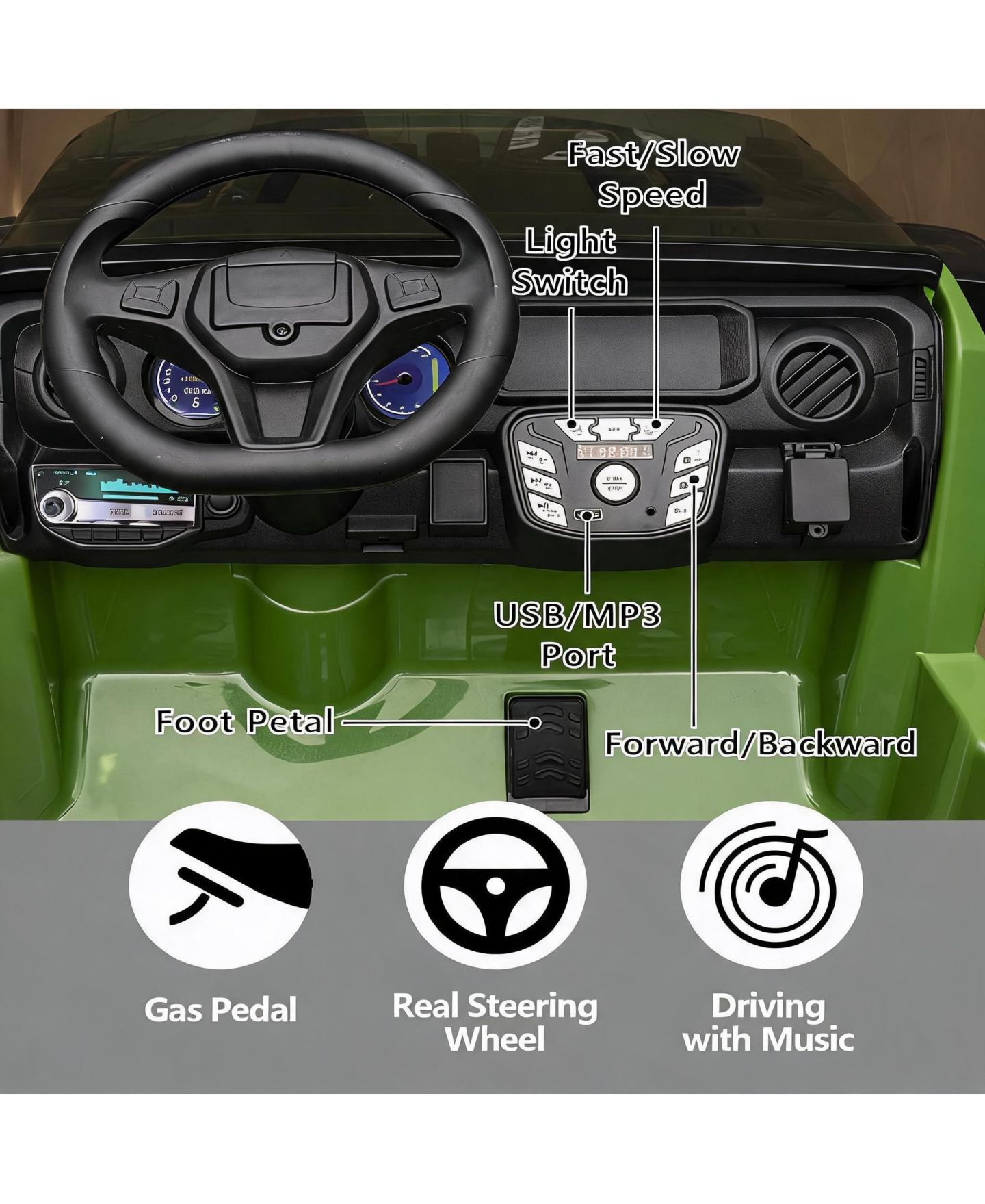 Детские игрушки homfan 24V 2-Seater Electric Ride-On Car Motor, 20" Extra Wide Seat, 3-Speed, Parental Remote, Wireless Music, LED Lights, Safety Belt, UTV, Gift — фото 4