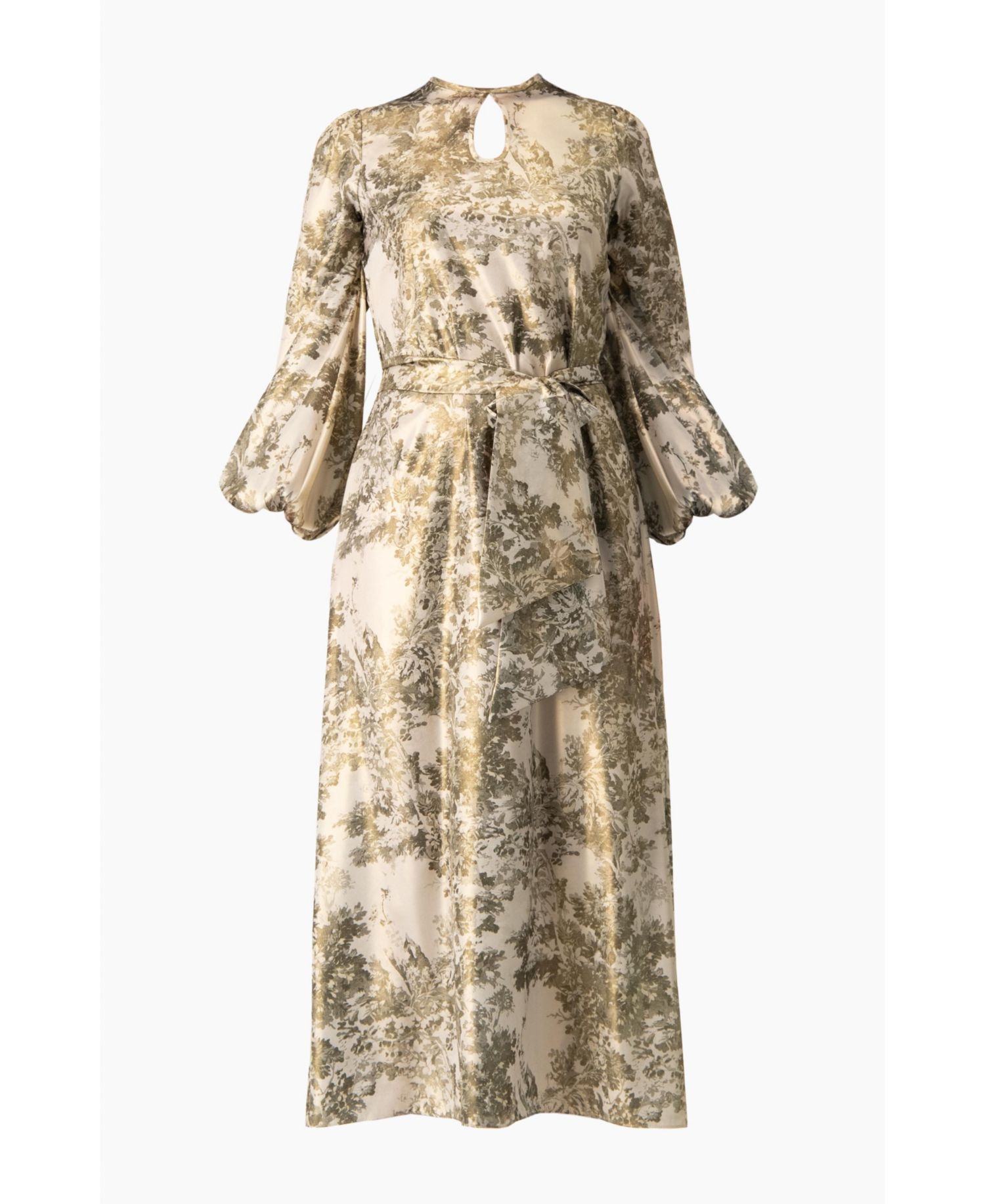 Women's Botanical Print Satin, Long Sleeve Belted Keyhole Midi Dress