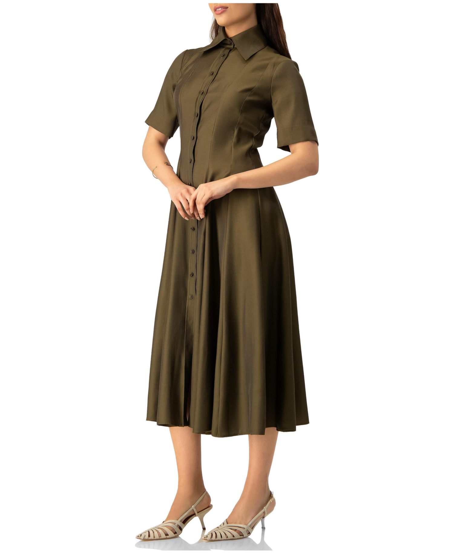 Women's Short Sleeve Midi Dress with Button-Front Fit-and-Flare Shirtdres