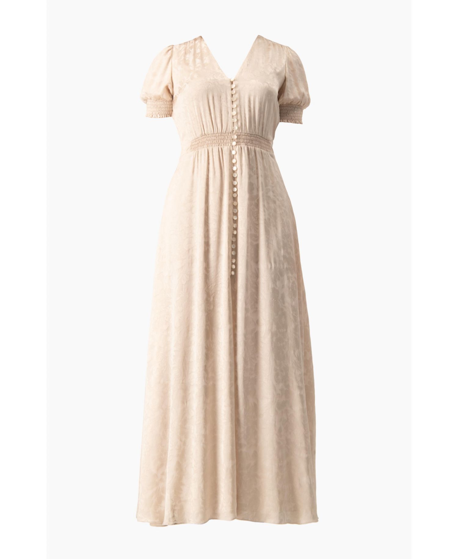 Women's Jacquard Satin Button-Front Maxi Dress with Puff Sleeve and Smocked Waist