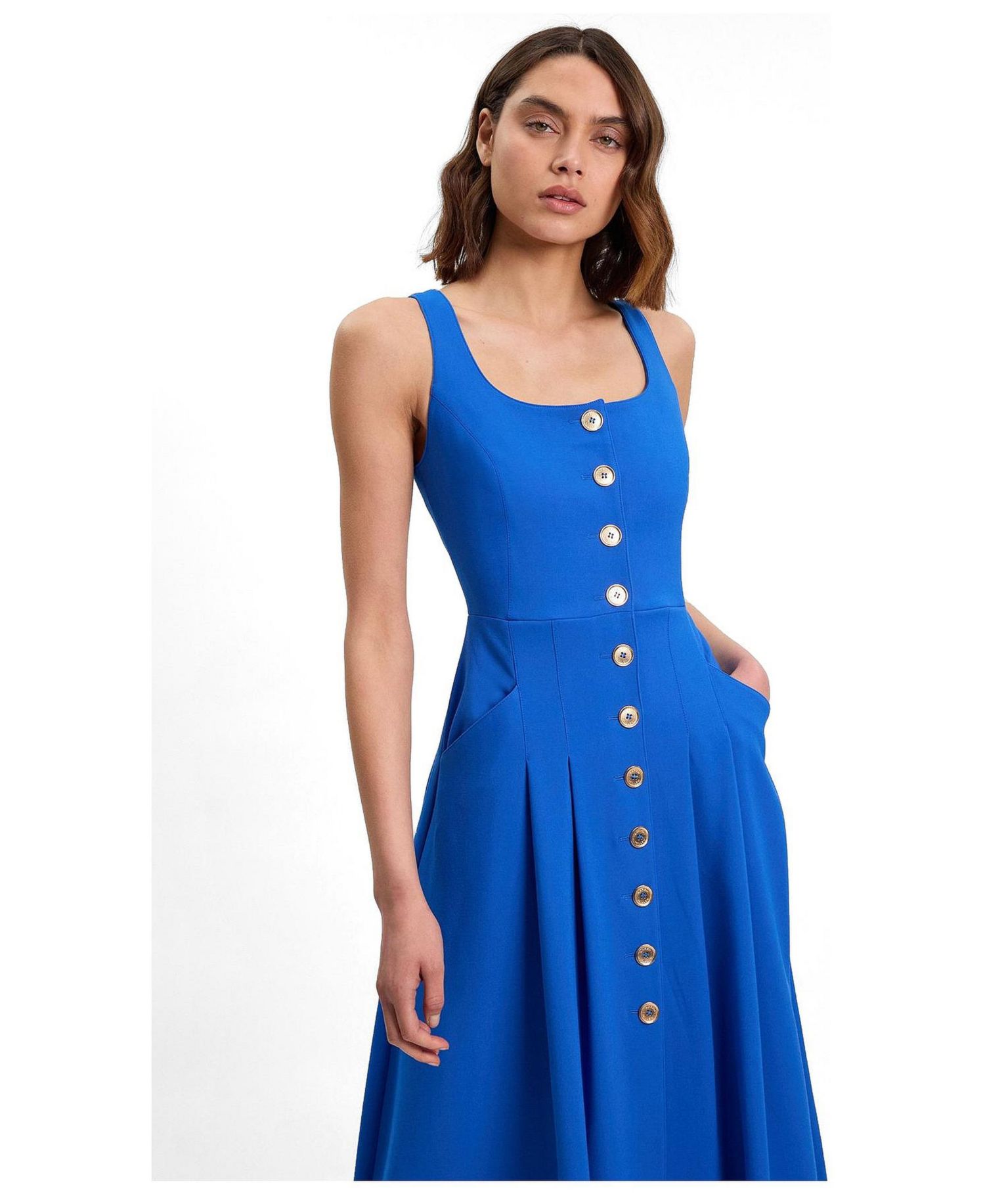 Women's Square Neck Button-Front Midi Dress