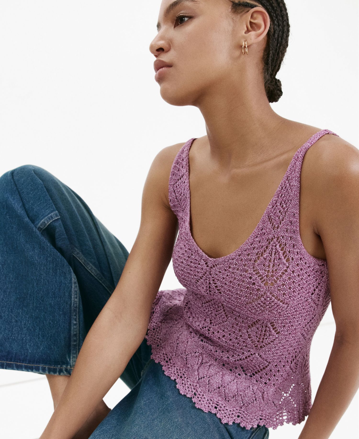 Women's Scalloped Ruffle Crocheted Lurex Top