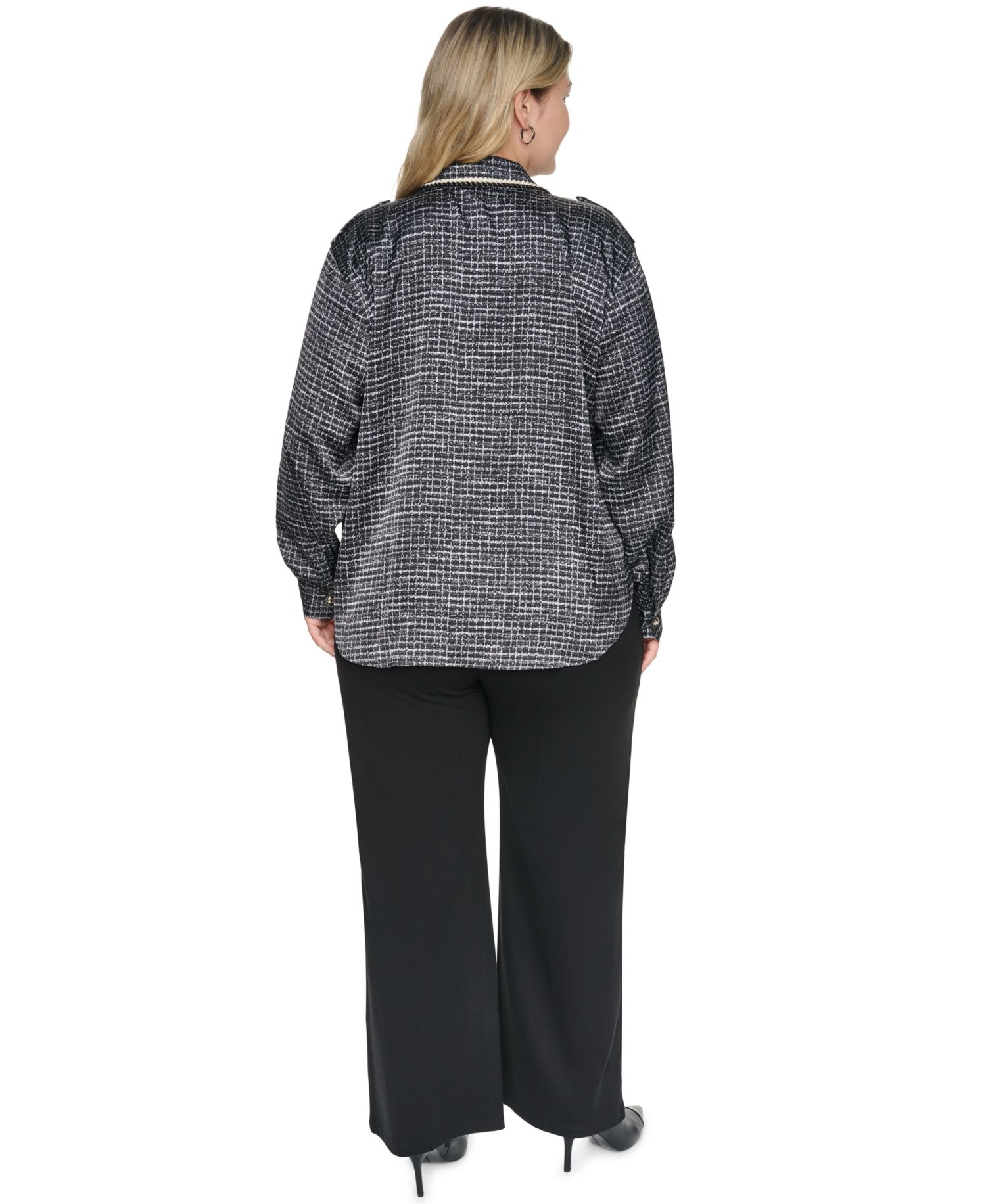 Plus Size Tweed Print Collared Long-Sleeve Top