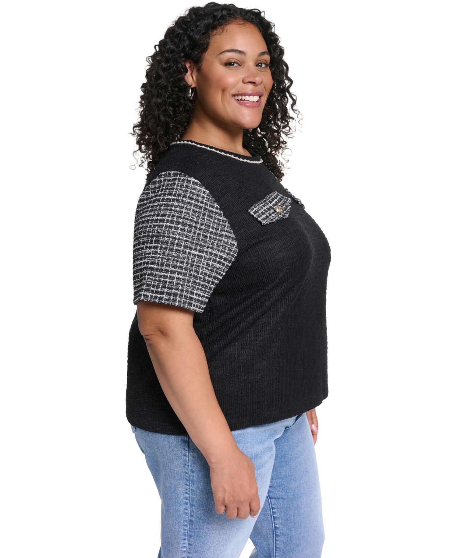 Plus Size Tweed Knit Short-Sleeve Top