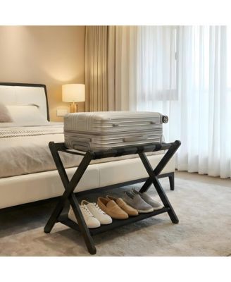 2 Tier Bamboo Shelf, 20 Inch Bamboo Standing Storage Rack with 150 Lb Capacity for Bedroom, Guest Room, Hotel