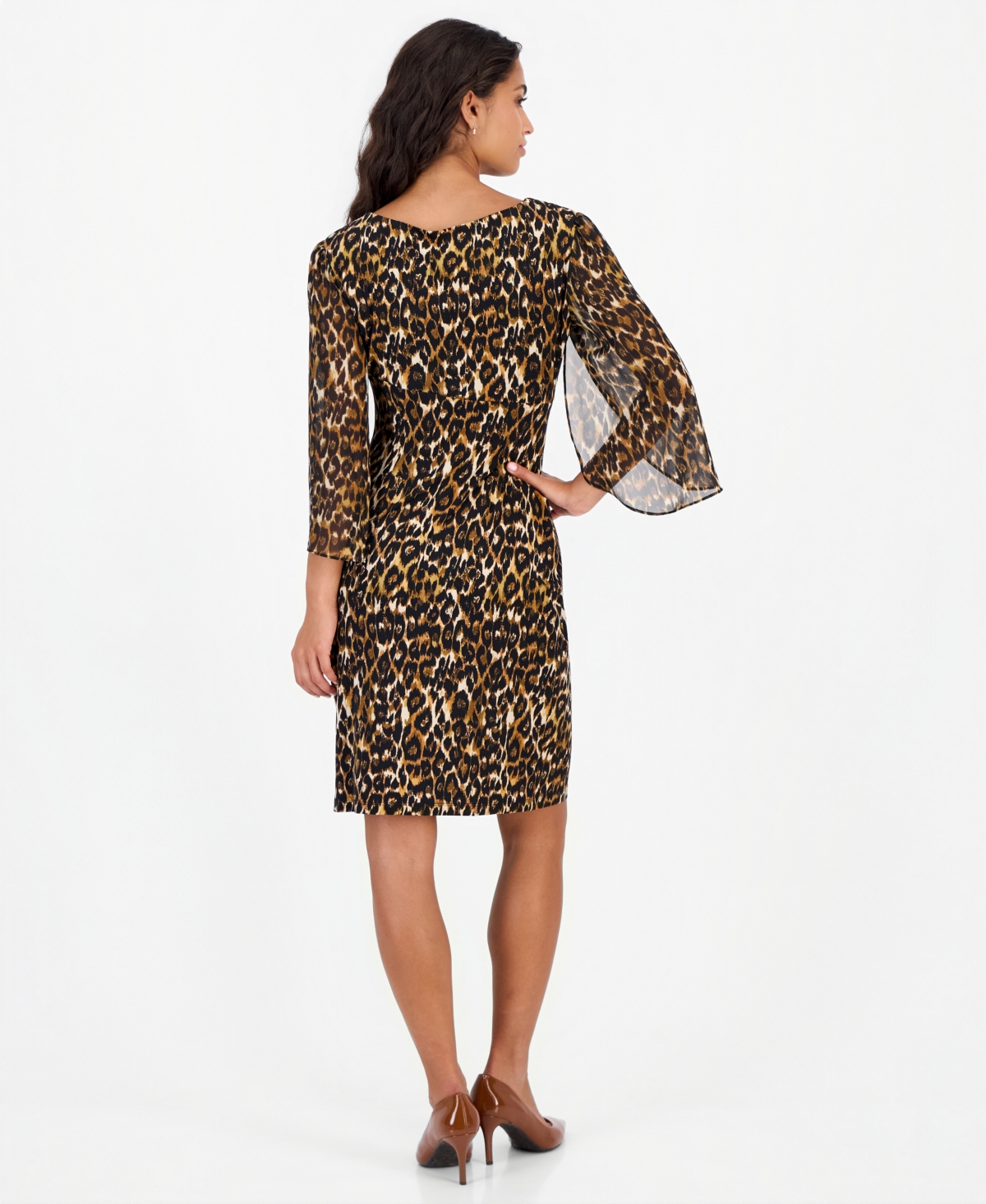 Connected Petite Leopard-Print Tulip-Sleeve Dress