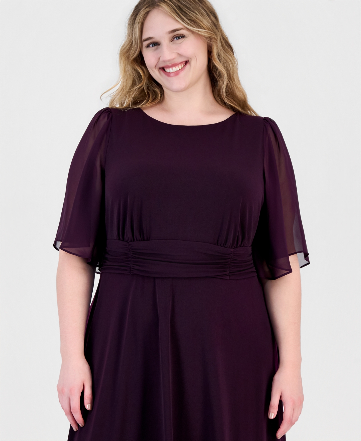 Connected Plus Round-Neck Chiffon-Sleeve Dress