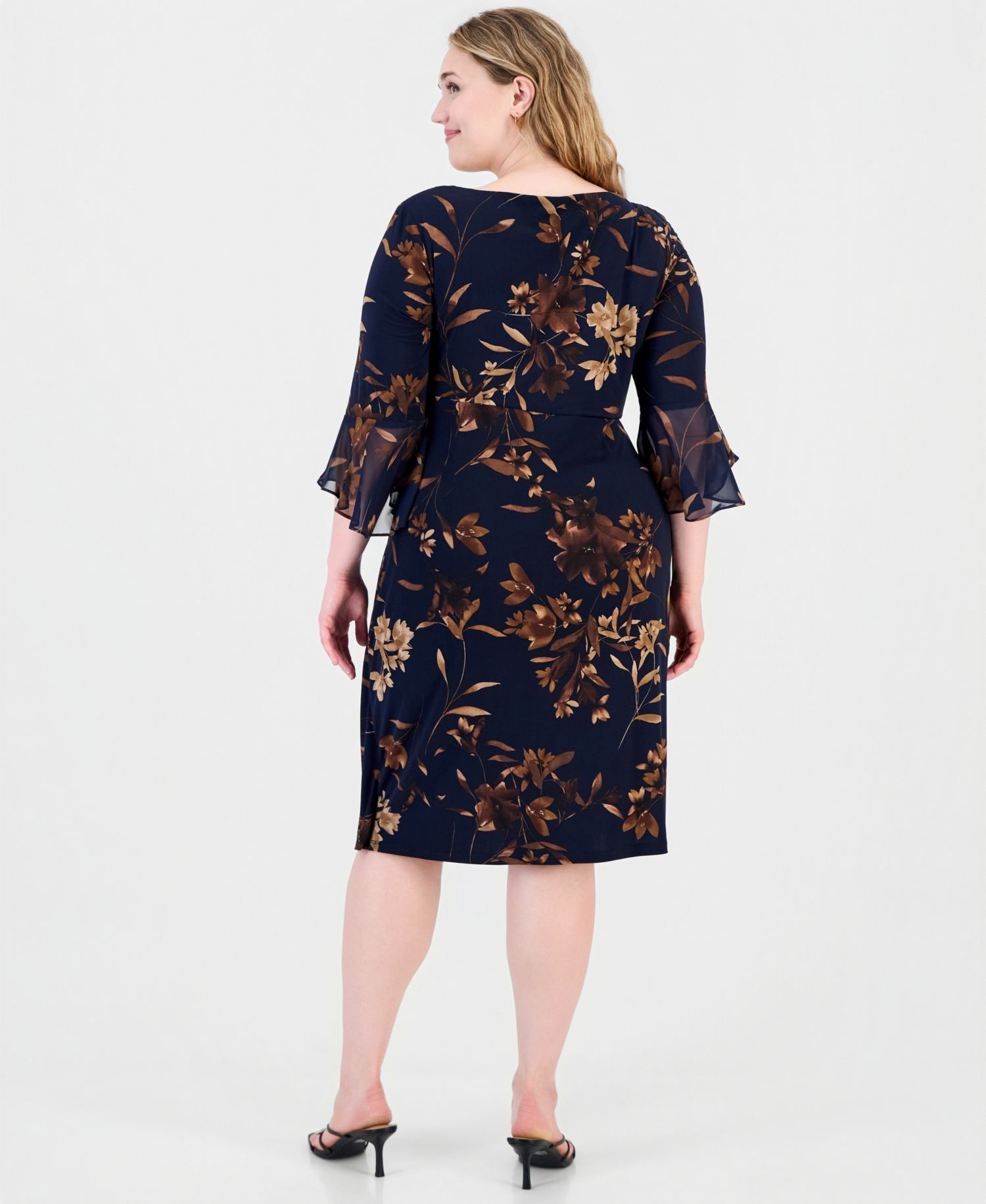 Petite Side Tab Floral 3/4-Sleeve Flounce-Cuff Dress