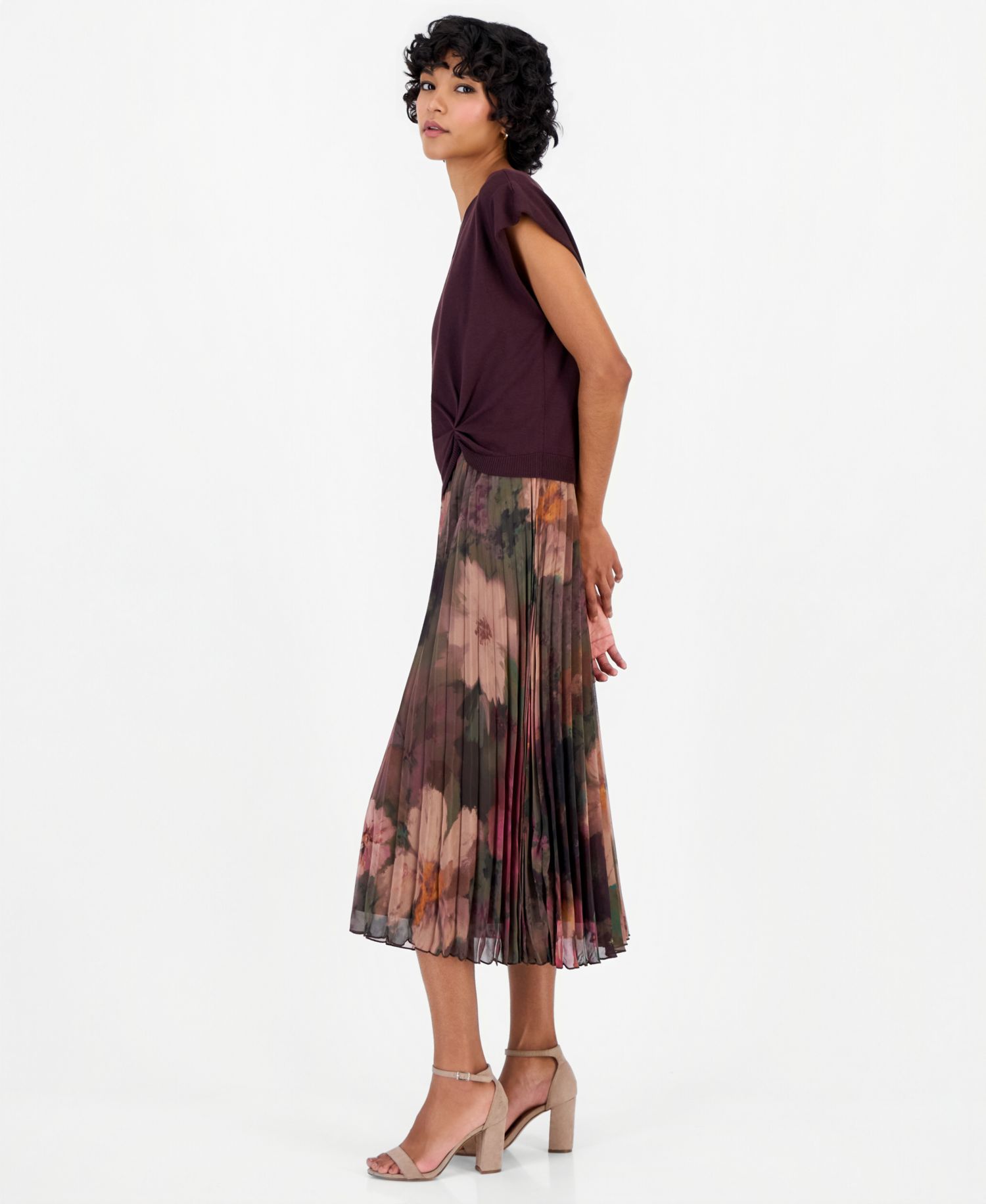 Petite Knit-Bodice Pleated-Skirt Dress
