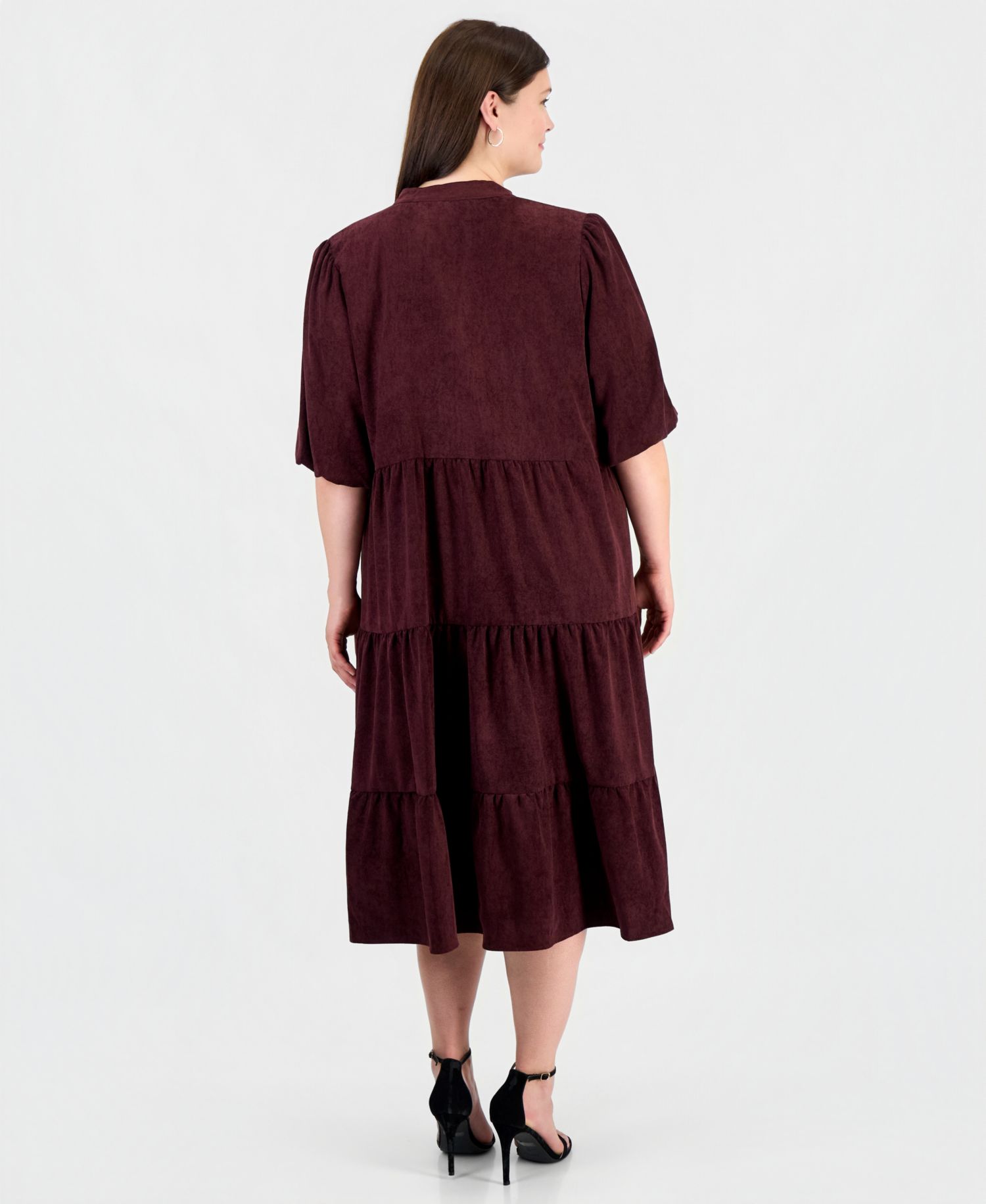 Plus Size Corduroy Puff-Sleeve Tiered Dress