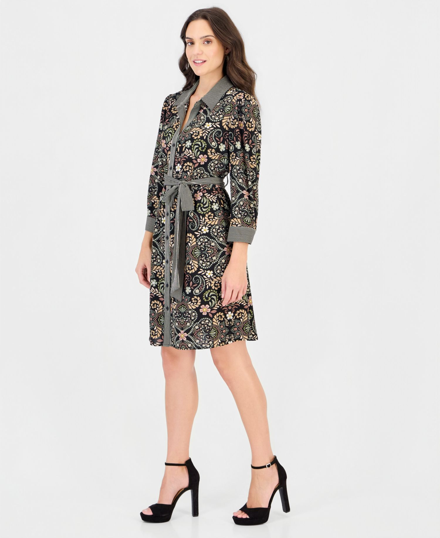 Petite Twin Print Belted Shirtdress