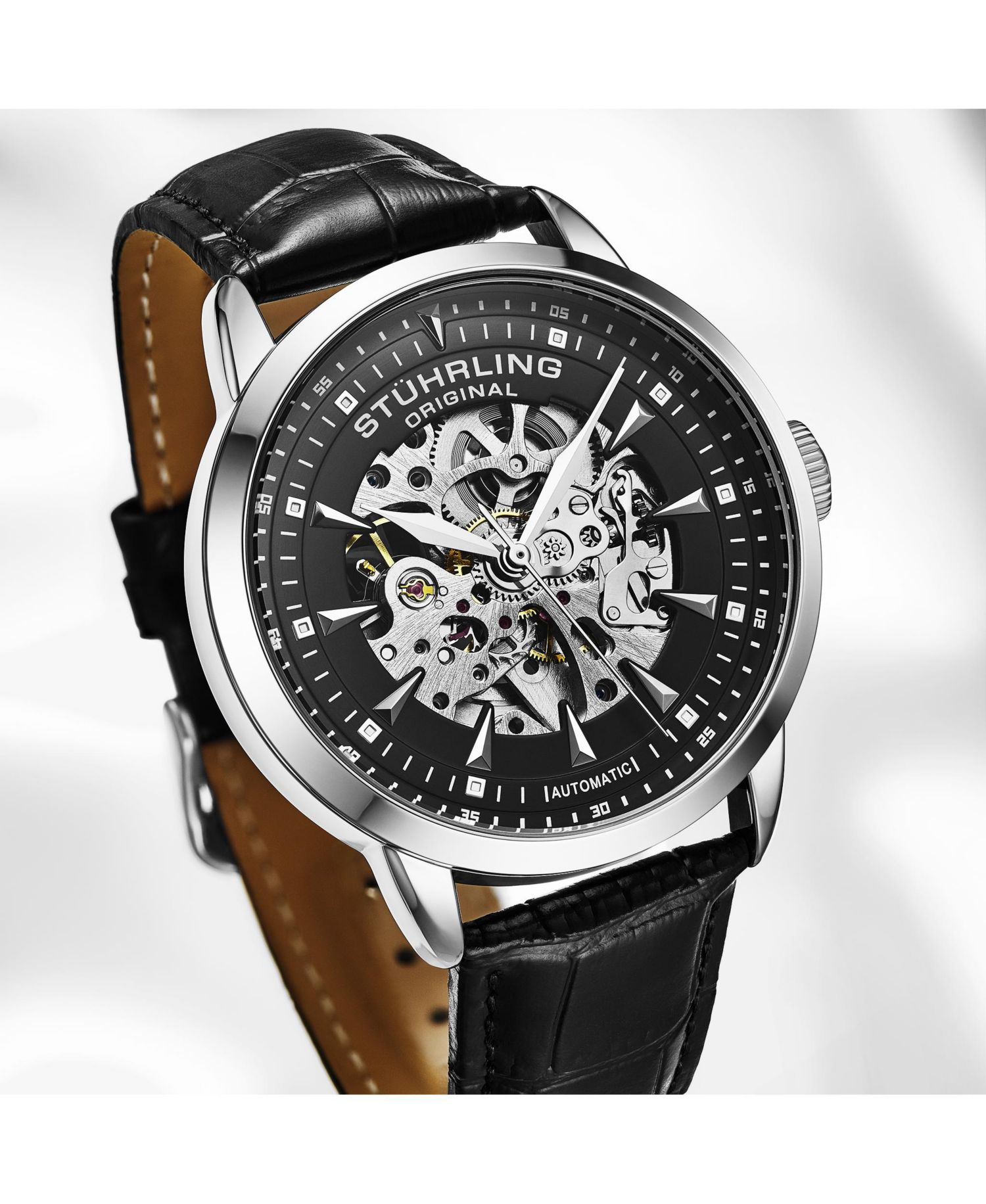Men’s Automatic Skeleton Watch 44mm Leather Strap