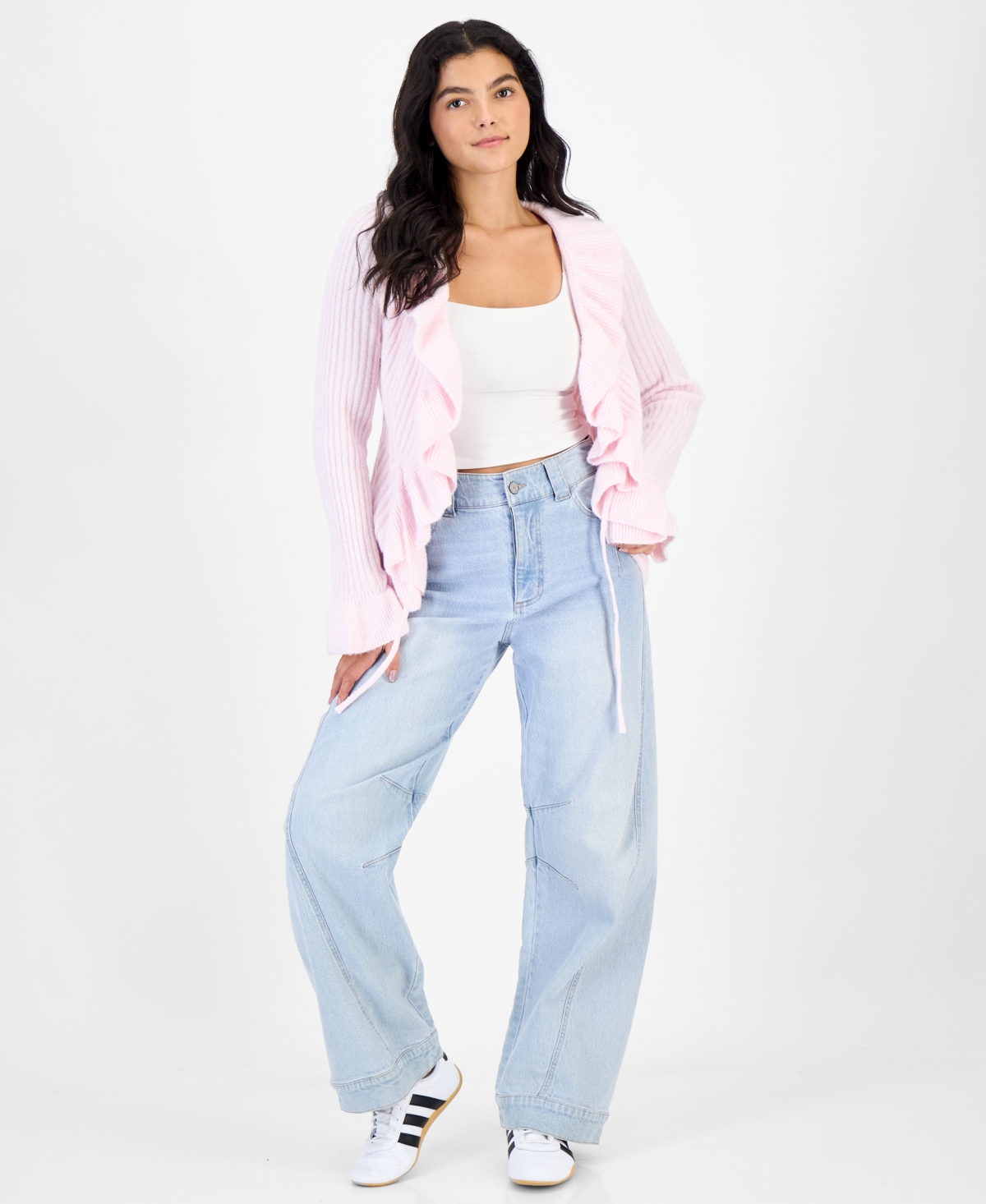 Hippie Rose Juniors' Tie Front Ruffle Cardigan