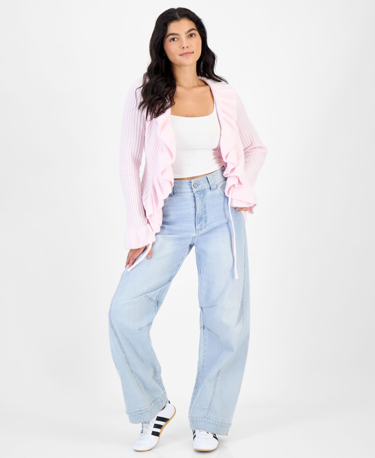 Juniors' Tie Front Ruffle Cardigan