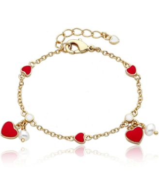 14k Yellow Gold Plated with Red Enamel Heart and pearl Dangle Charm Bracelet for Toddler/Kids