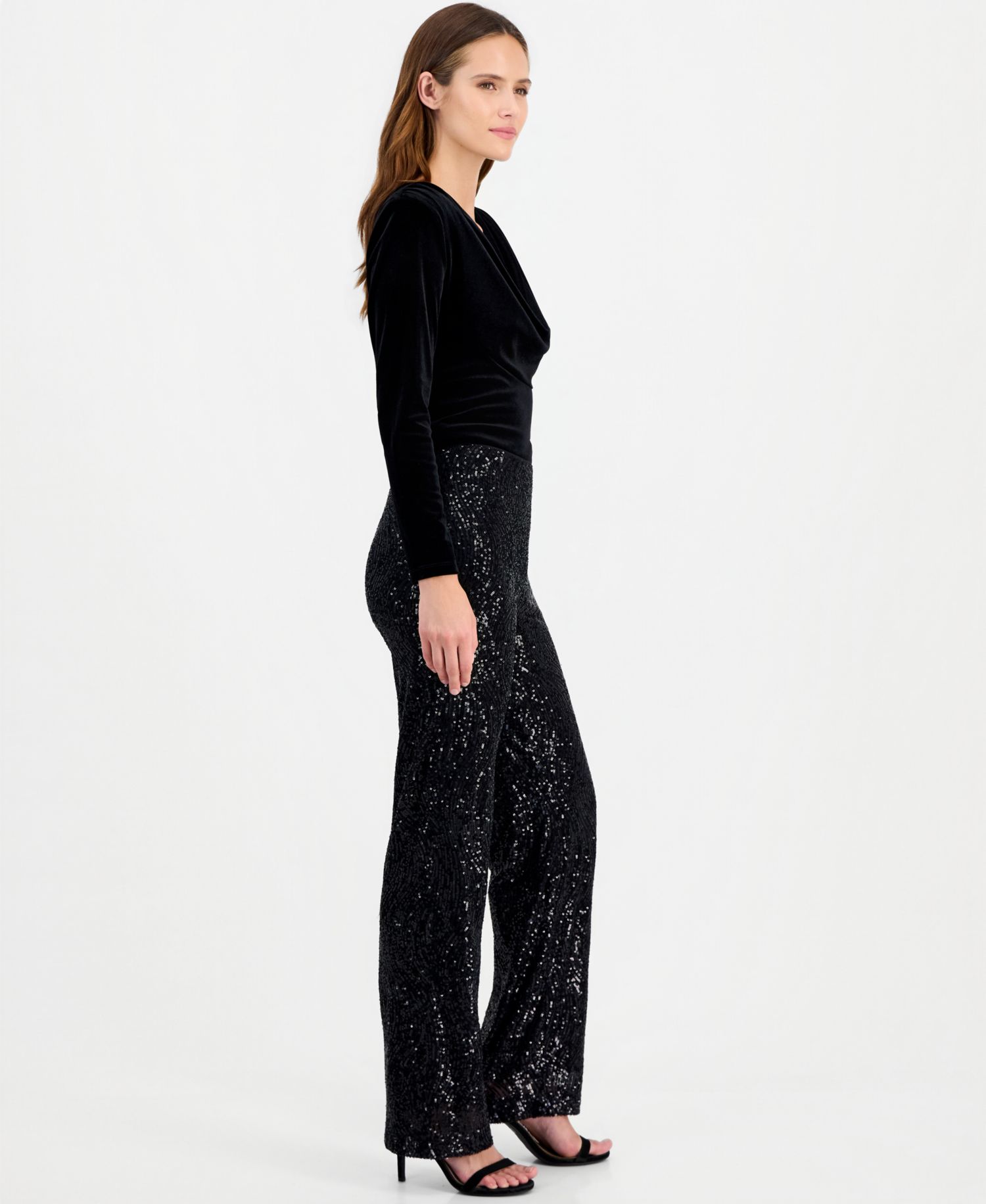 Women's Pull-On High-Waisted Wide-Leg Sequin Mesh Pants