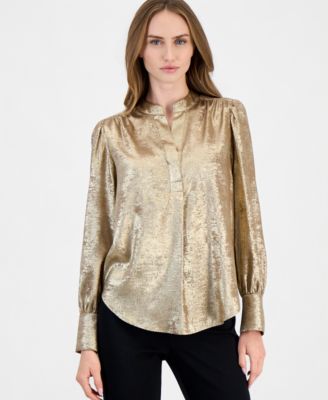 Women's Shimmer Pleat-Front Long-Sleeve V-Neck Blouse