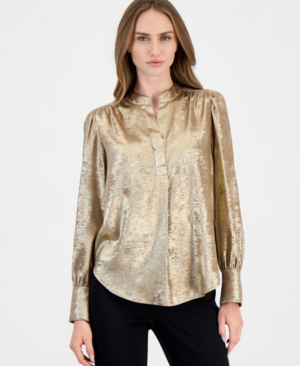 Anne Klein Women's Shimmer Pleat-Front Long-Sleeve V-Neck Blouse