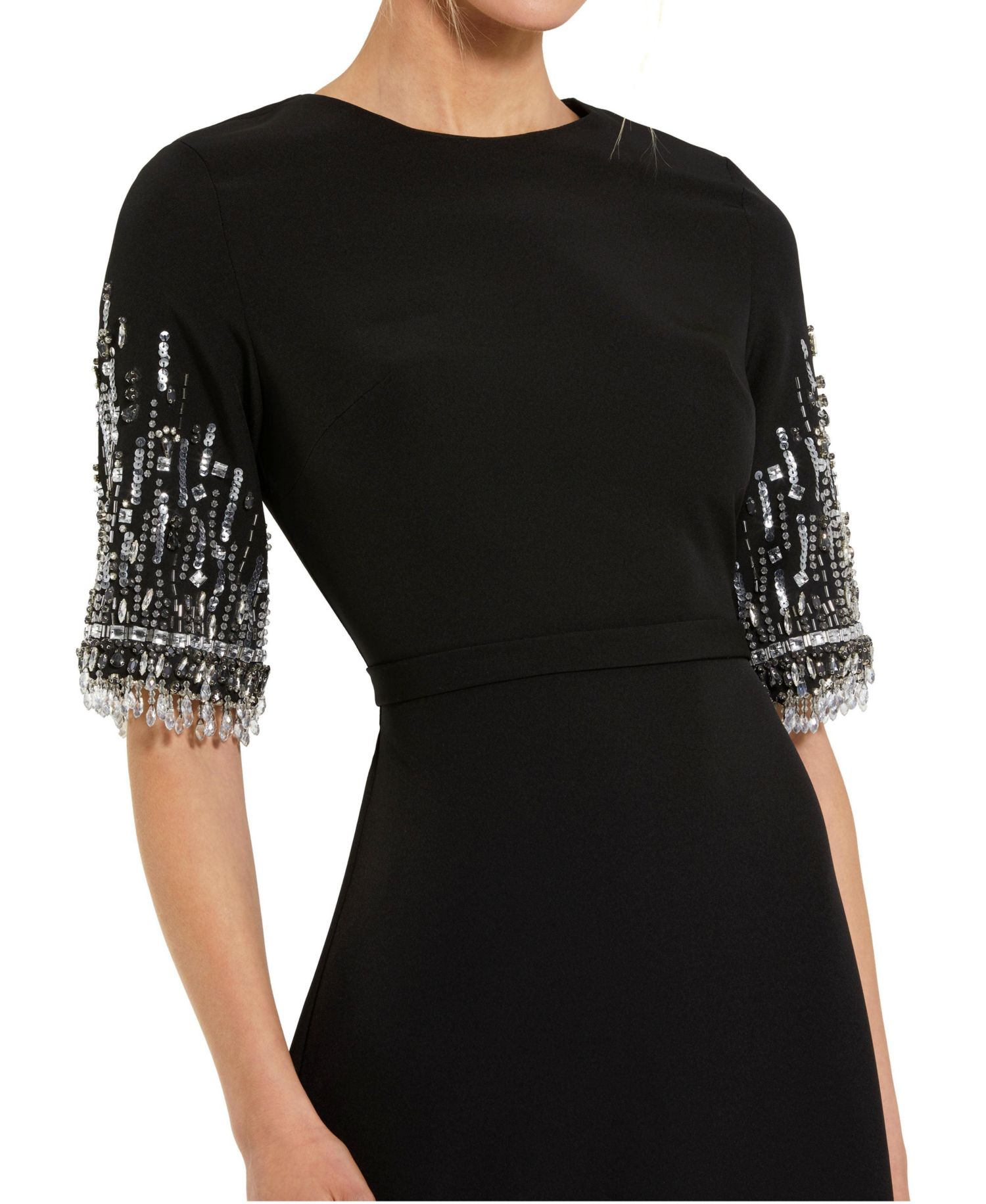Petite Crepe A Line Gown With Beaded 3/4 Sleeves