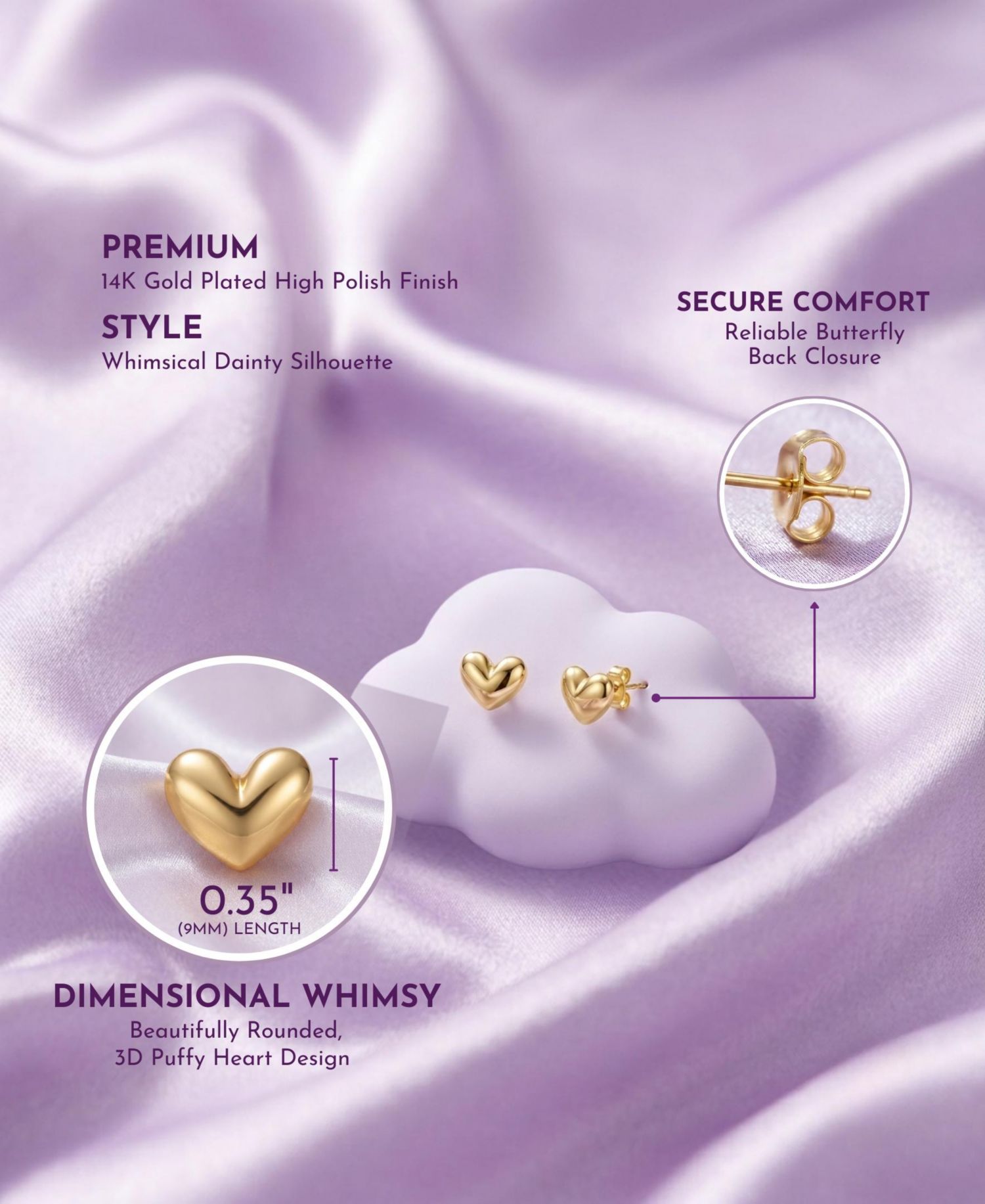 Minimalist High-Polish Puffy Heart Dainty Stud Earrings