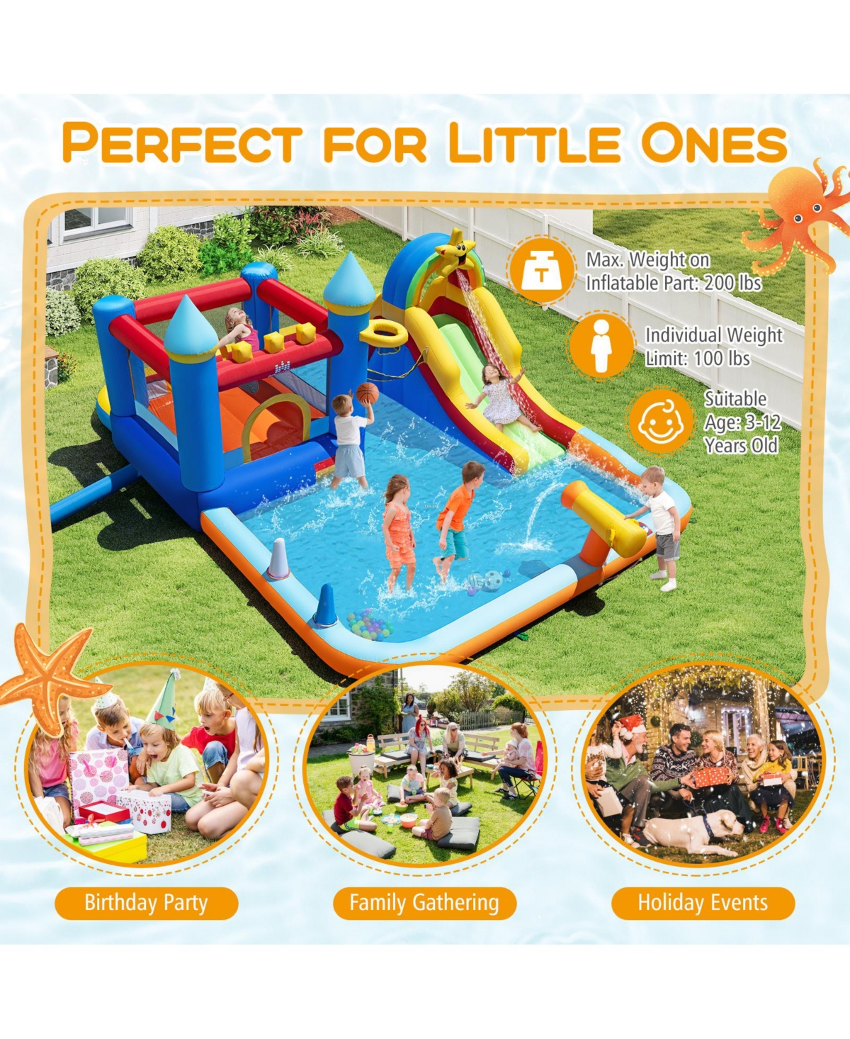 Gymax Giant Water Slide Bounce House with Climbing Wall Splash Pool and Basketball Hoop