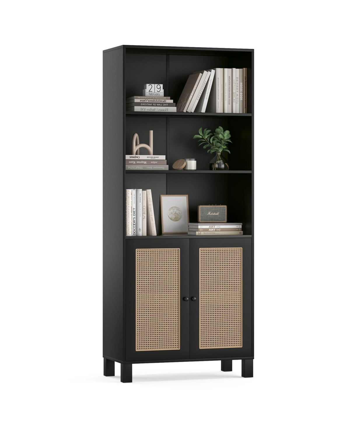 flynama Tall Bookcase with Rattan Doors, 5-Tier Wood Storage Shelf