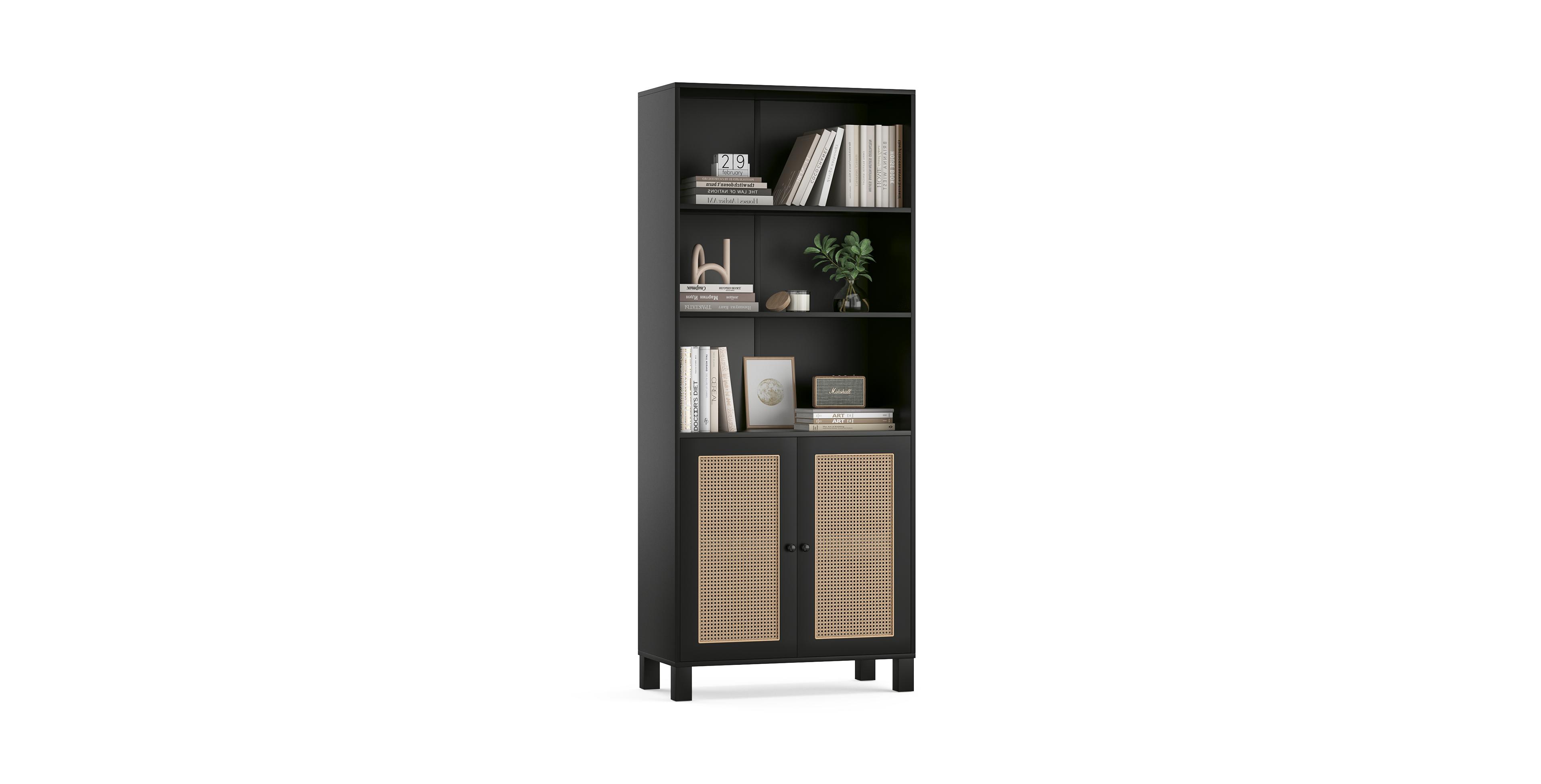 flynama Tall Bookcase with Rattan Doors, 5-Tier Wood Storage Shelf