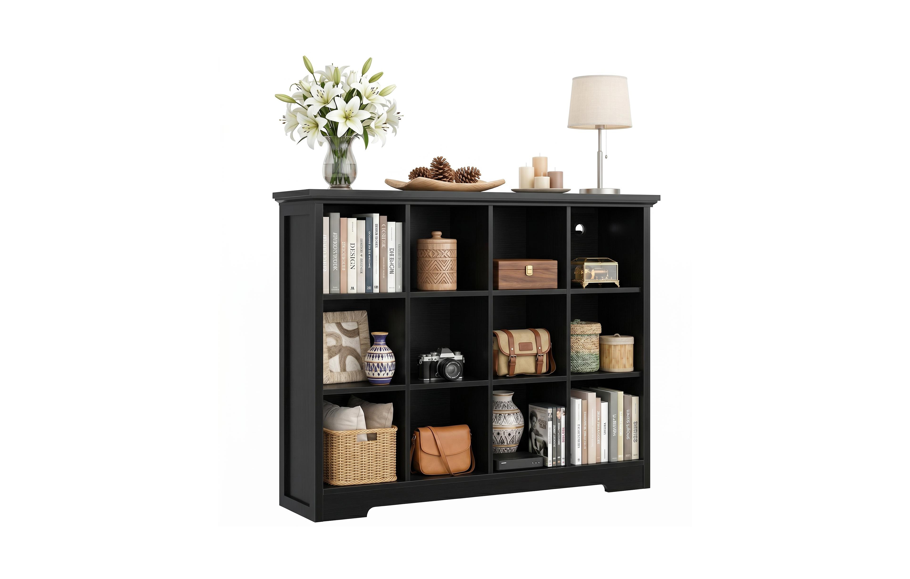 Aheaplus 12-Cube Bookshelf with Charging Station, Bin Storage Organizer