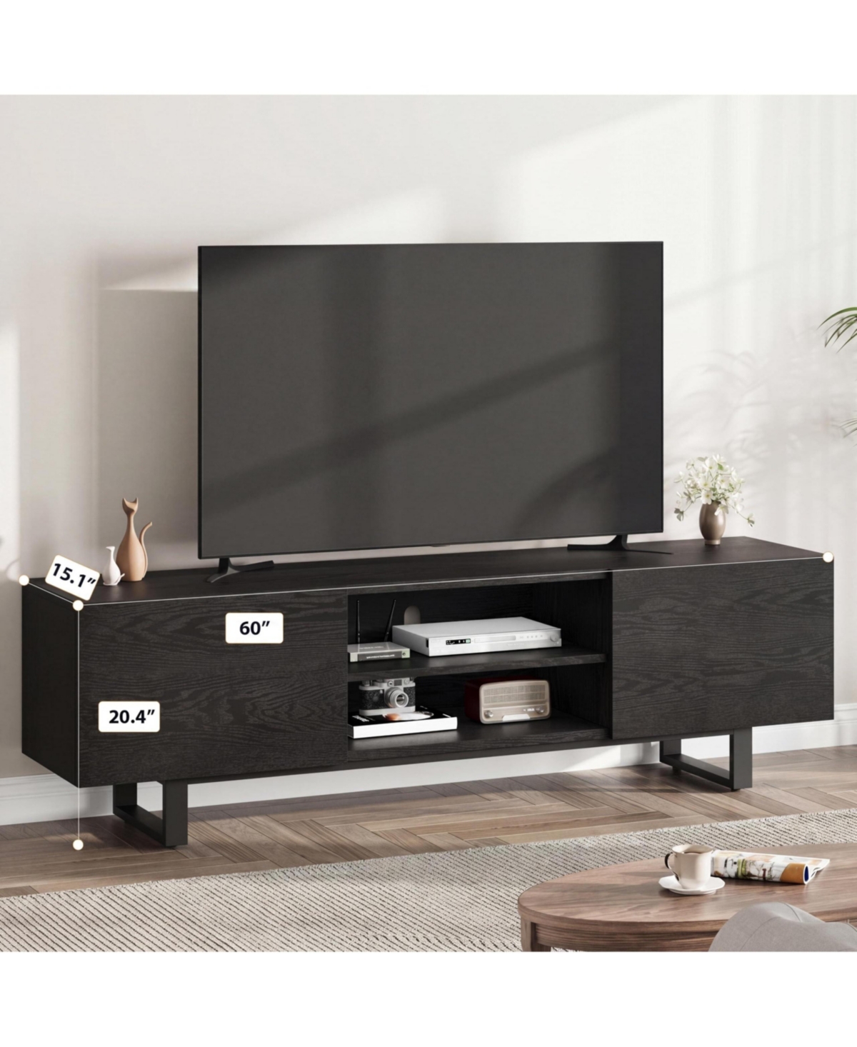 homfan Industrial Entertainment Center with 2 Drawers, Wooden Media Cabinet Heavy Duty Legs and Open Storage, Tv Console Table for Living Room