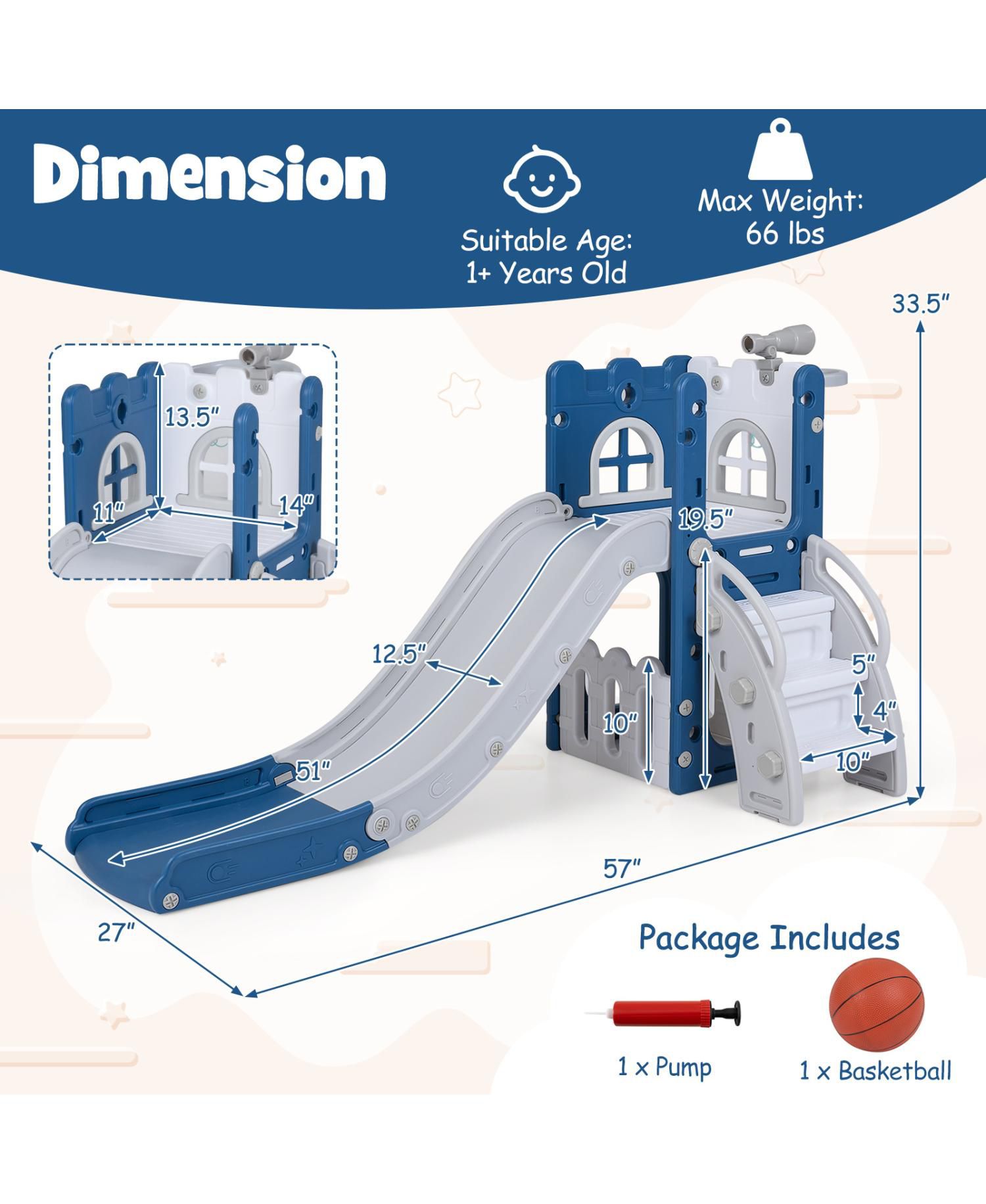 6-in-1 Kids Playground Set with Slide Ladder and Basketball Goal