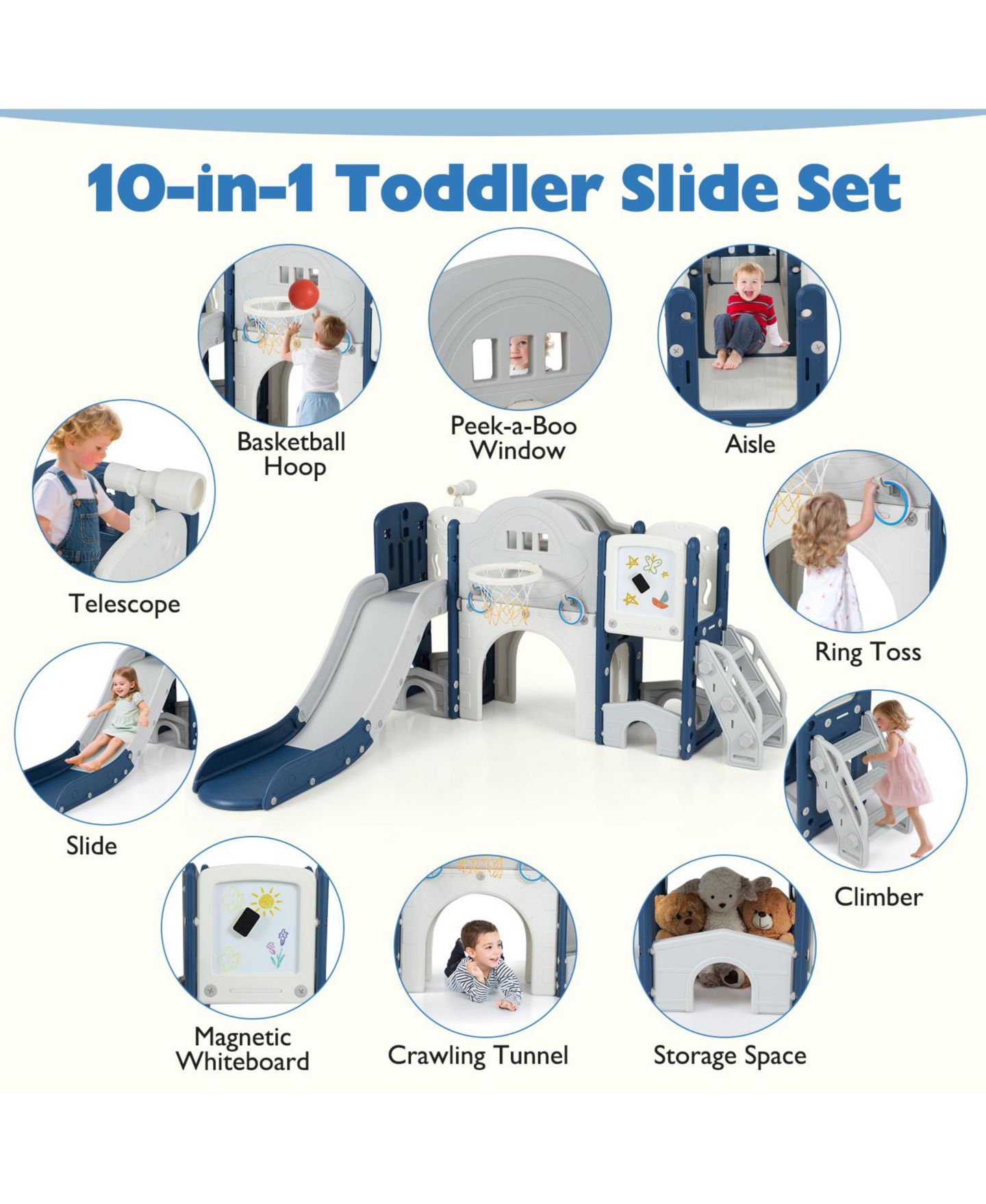 Детский игровой набор Slickblue 10-in-1 Kids Slide Playset with Climber Indoor Outdoor Fun Center, цвет: Синий — фото 6