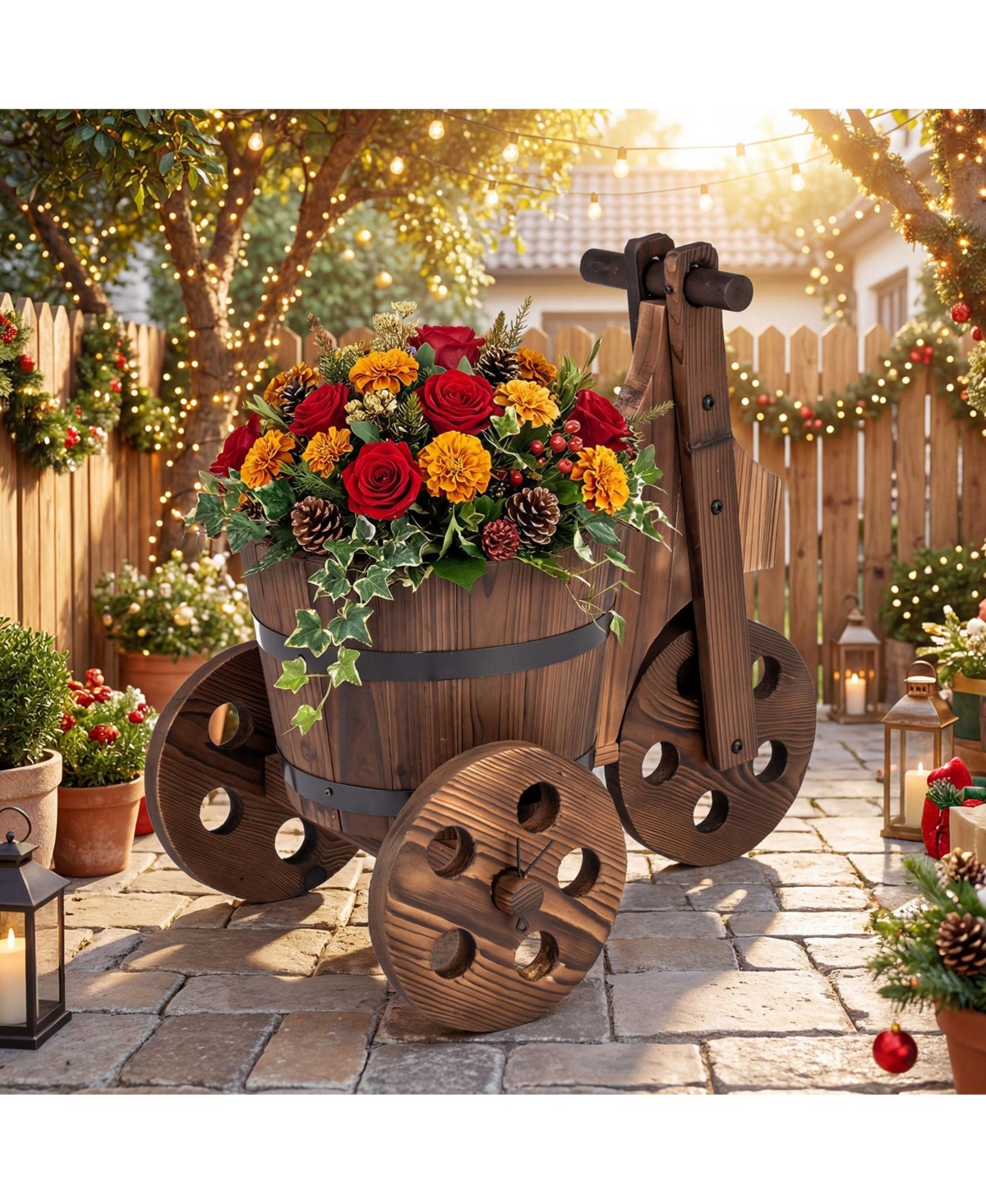 Costway Rustic Wood Tricycle Planter with Barrel Pot and Drainage for Patio