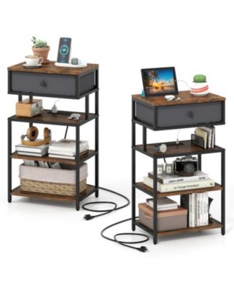 Set of 2 Modern Nightstands with Charging Station Storage Drawer