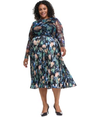 Plus Size Mixed Media Mesh Long-Sleeve Dress