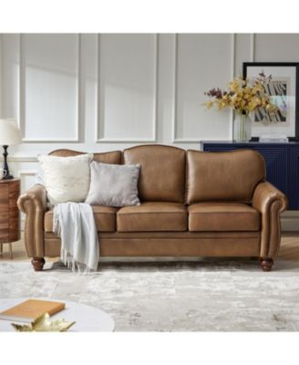 Dielle Transitional 81" Wide Leather Sofa with Solid Wood Legs