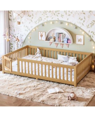 Bed Floor Bed with Safety Guardrails and Door for Kids