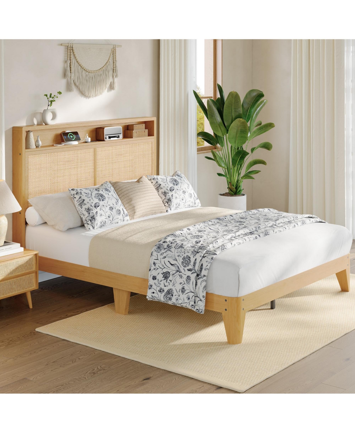 gaomon Rattan Full Size Bed Frame with Led Lights, Boho Wood Bed Frame with Storage Headboard & Charging Station, No Box Spring Needed