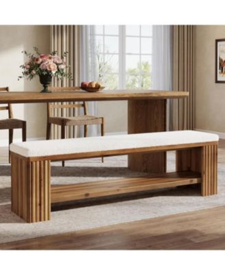 63" Solid Wood Dining Bench, Farmhouse Upholstered End of Bed Bench with Removable Faux Lambswool Cushion,Indoor Long Entryway Bench
