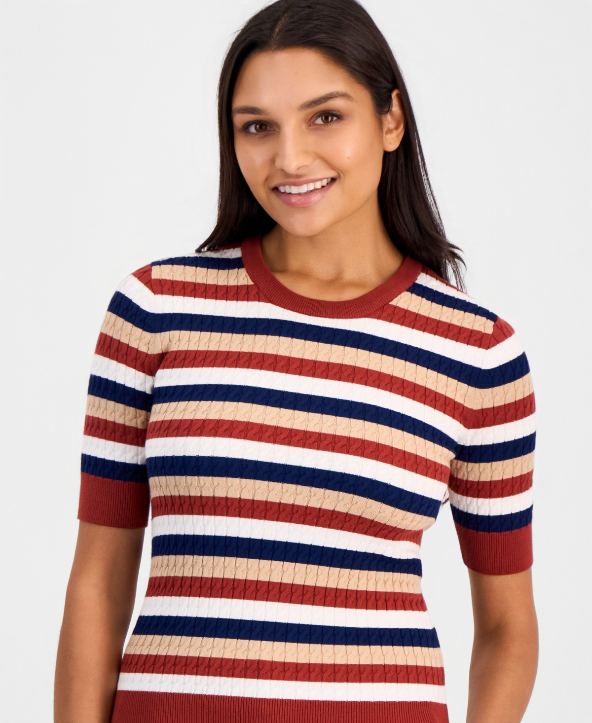 Elie Tahari Women's Ailany Striped Ribbed-Knit Short-Sleeve Sweater