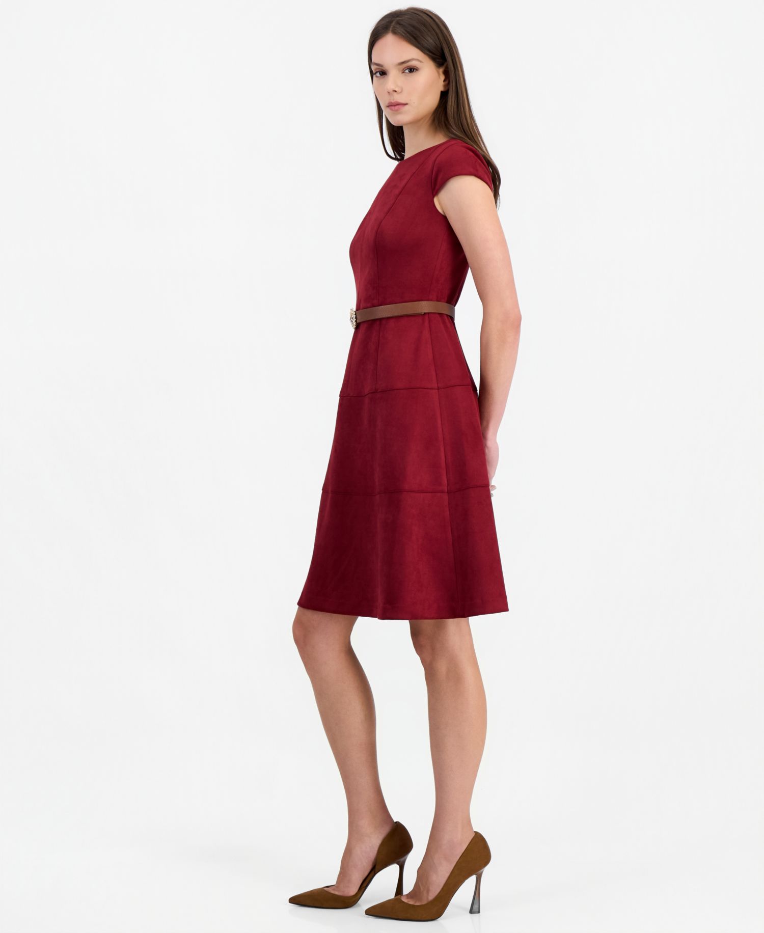 Petite Heritage A-Line Boat Neck Belted Suede Dress