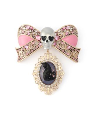 Faux-Stone Pretty Spooky Skull Bow Cat Cameo Brooch