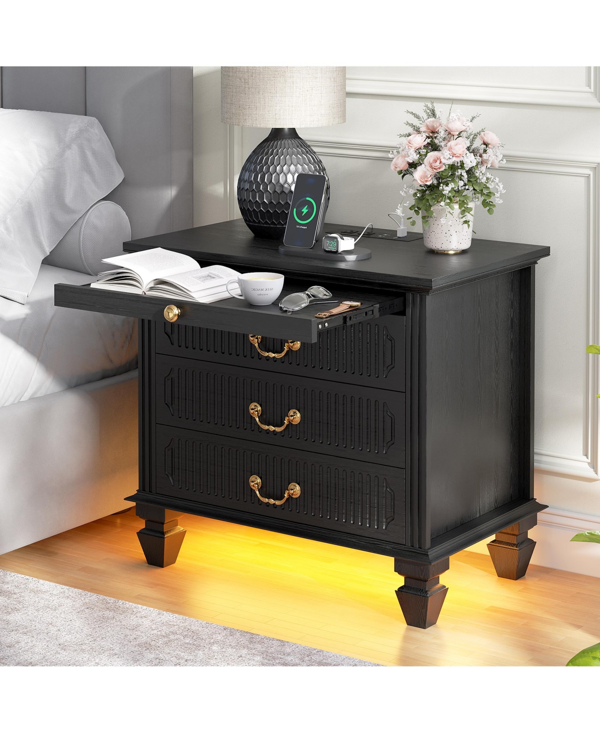Vlsrka 25.6" Solid Wood Nightstand with 4 Drawers, Charging Station and Led Light