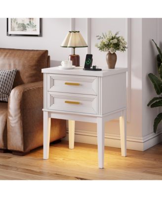 25.6" H Nightstand with 2 Drawers and Charging Station, Modern LED Bedside Table