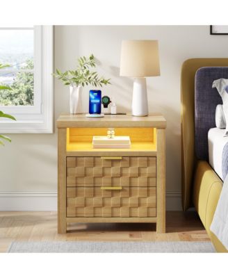 25.6" Wide 2-Drawer Nightstand with Charging Station, Built-in Outlets and USB Ports, LED Light Bedside Table, Modern Bedroom End Table